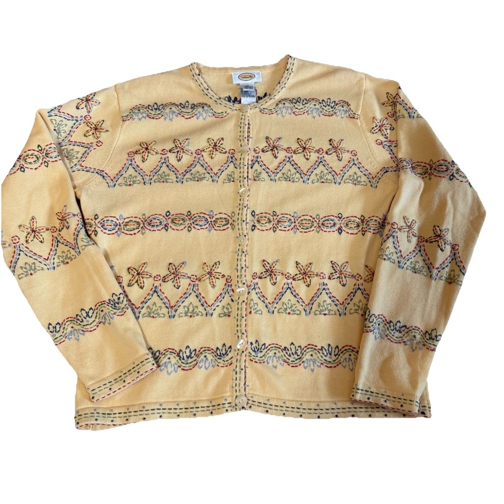 VTG  Talbots‎ Medium Yellow Embroidered Cardigan Hong Kong Cottagecore Spring